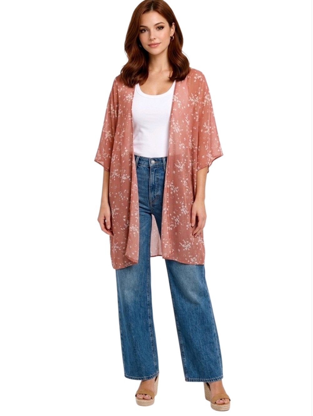 American Eagle Outfitters Burnt Orange Floral Sheer Boho Kimono One Size